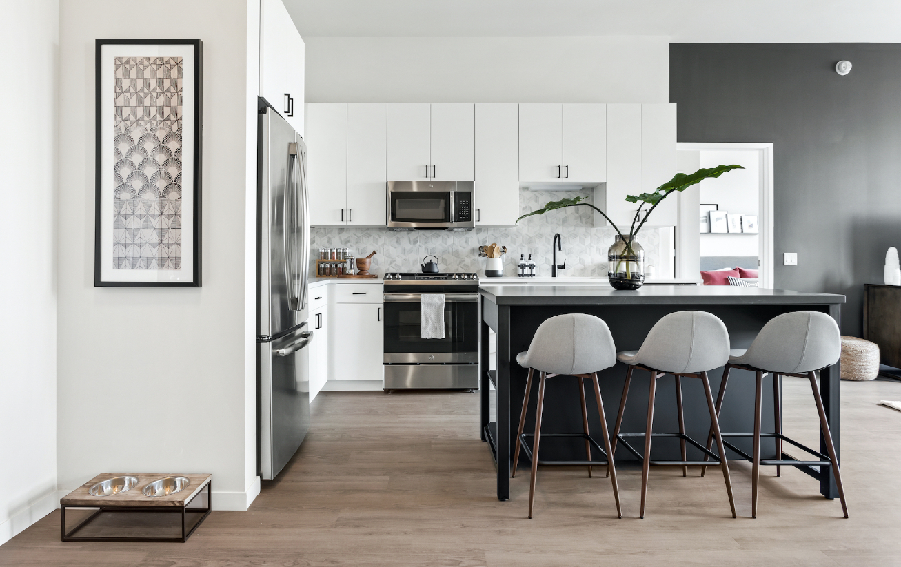Demonstration kitchen at Logan Apartments in Logan Square Chicago with high-end appliances and finishes